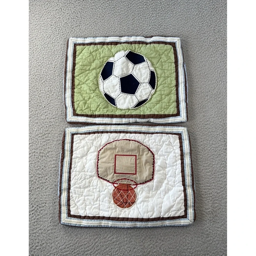 Pottery Barn Kids Sports Pillow Shams 12x16 Soccer Basketball Quilted Set of 2